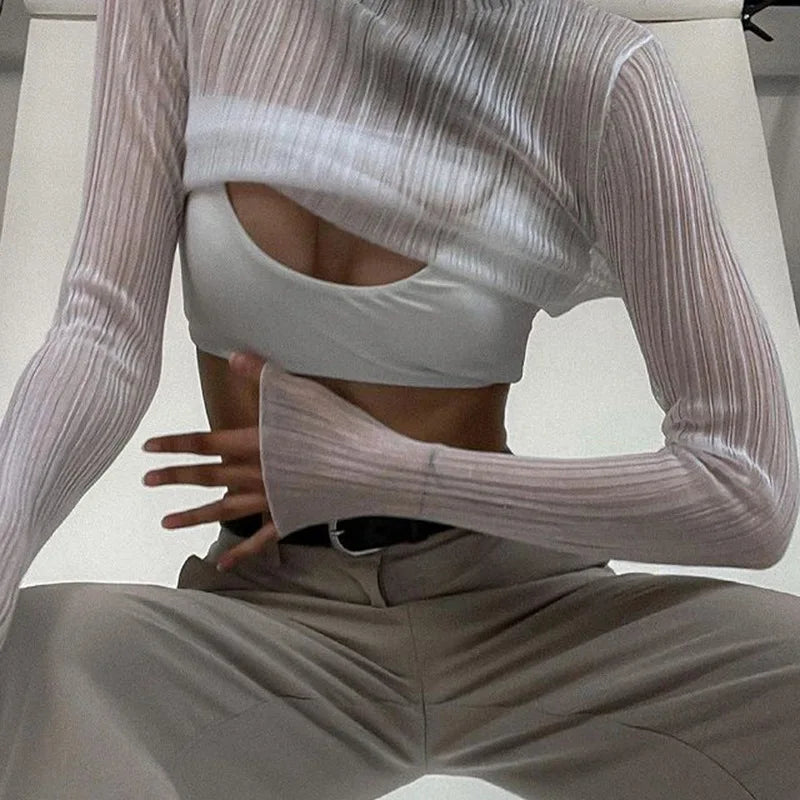 2025 Fall Elegant See Through Long Sleeve Mock Neck Women Tops Fashion Streetwear Sexy T-Shirts Tees Slim Clothes