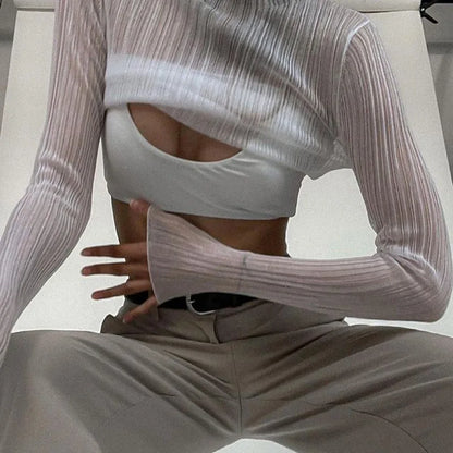 2025 Fall Elegant See Through Long Sleeve Mock Neck Women Tops Fashion Streetwear Sexy T-Shirts Tees Slim Clothes