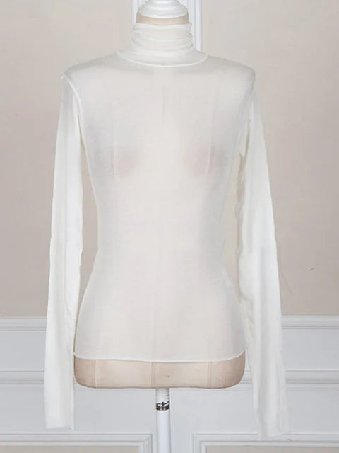 2025 Fall Fashion Women’s Tshirt Solid Long Sleeve Turtleneck Tops Ladies Tight Bottom See Through Sexy T shirt clothing