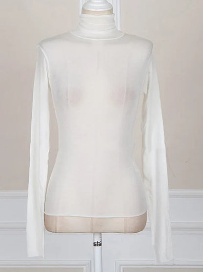 2025 Fall Fashion Women’s Tshirt Solid Long Sleeve Turtleneck Tops Ladies Tight Bottom See Through Sexy T shirt clothing
