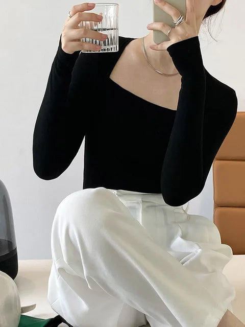 Camiseta francesa suave de manga larga con cuello cuadrado para mujer, top ajustado de dos piezas, blusa de otoño de color liso, 2025