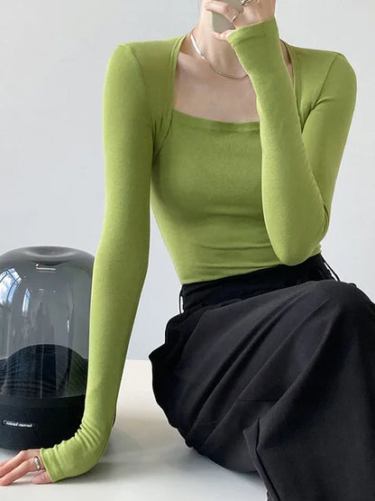 Camiseta francesa suave de manga larga con cuello cuadrado para mujer, top ajustado de dos piezas, blusa de otoño de color liso, 2025