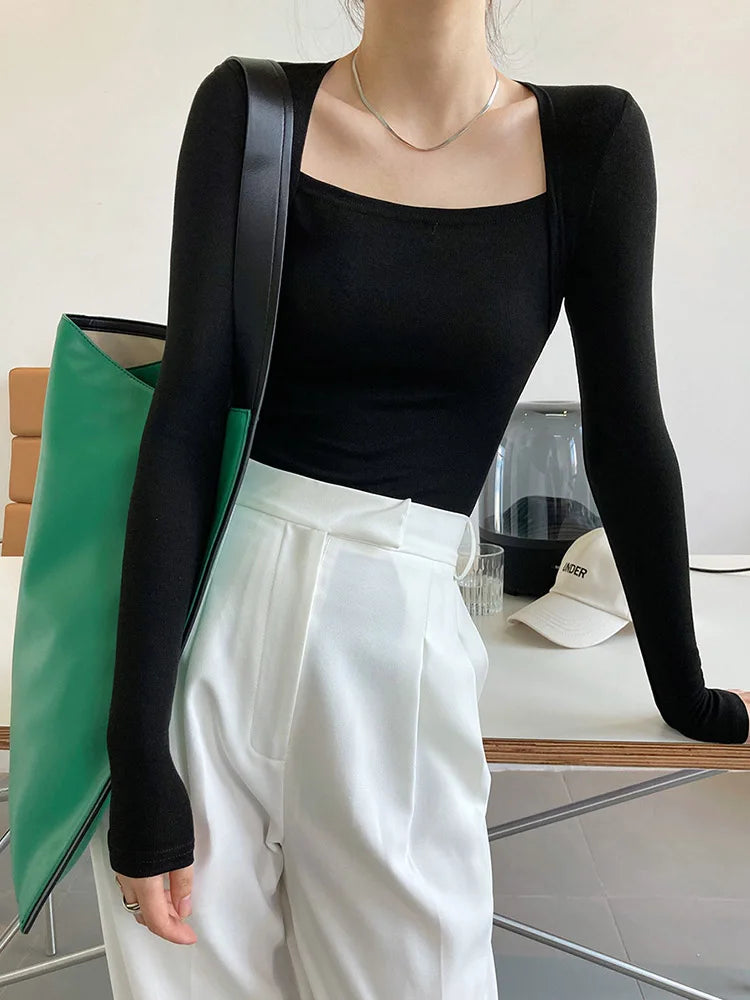 Camiseta francesa suave de manga larga con cuello cuadrado para mujer, top ajustado de dos piezas, blusa de otoño de color liso, 2025