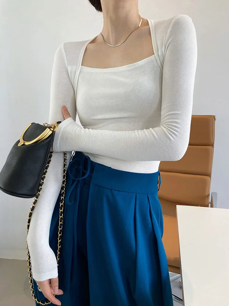 Camiseta francesa suave de manga larga con cuello cuadrado para mujer, top ajustado de dos piezas, blusa de otoño de color liso, 2025