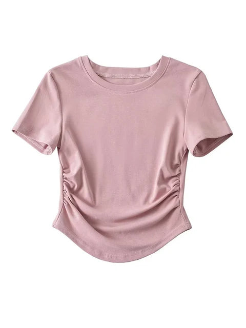 2025 Harajuku Women Crew Neck Short Sleeve Cotton Tee With Ruched Sides Detail T-shirts