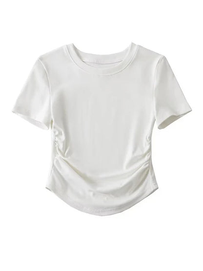 2025 Harajuku Women Crew Neck Short Sleeve Cotton Tee With Ruched Sides Detail T-shirts