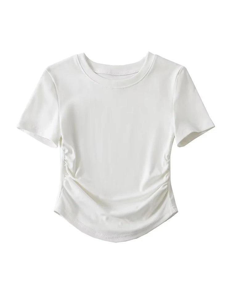 2025 Harajuku Women Crew Neck Short Sleeve Cotton Tee With Ruched Sides Detail T-shirts