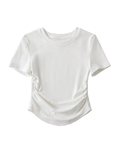 2025 Harajuku Women Crew Neck Short Sleeve Cotton Tee With Ruched Sides Detail T-shirts