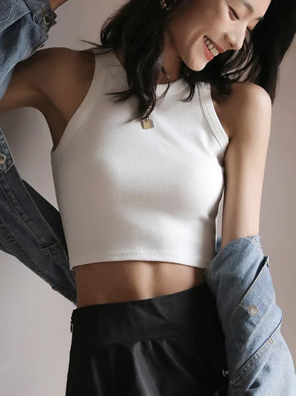 2025 Knitted Women’s Vest Halter Tanks White Crop Top Ribbed Female Sexy Short Casual Fitness Basic Off Shoulder Summer Clothing