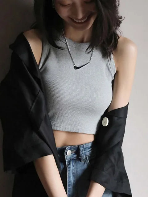 2025 Knitted Women’s Vest Halter Tanks White Crop Top Ribbed Female Sexy Short Casual Fitness Basic Off Shoulder Summer Clothing