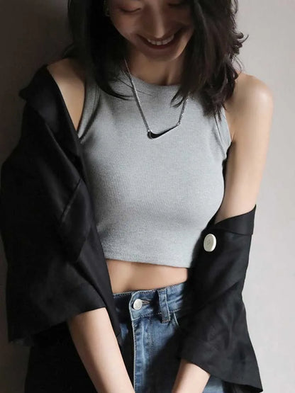 2025 Knitted Women’s Vest Halter Tanks White Crop Top Ribbed Female Sexy Short Casual Fitness Basic Off Shoulder Summer Clothing