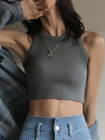 2025 Knitted Women’s Vest Halter Tanks White Crop Top Ribbed Female Sexy Short Casual Fitness Basic Off Shoulder Summer Clothing