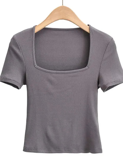 Novedad 2025: Top de verano para niñas, fino, sexy, liso, ajustado, de corte bajo, con cuello cuadrado y manga corta.