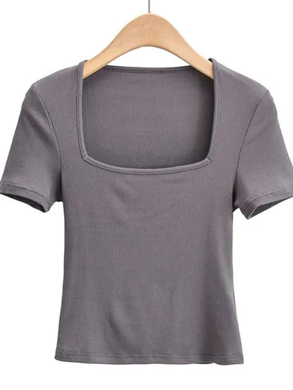 Novedad 2025: Top de verano para niñas, fino, sexy, liso, ajustado, de corte bajo, con cuello cuadrado y manga corta.