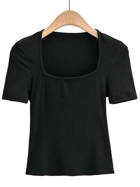 Novedad 2025: Top de verano para niñas, fino, sexy, liso, ajustado, de corte bajo, con cuello cuadrado y manga corta.