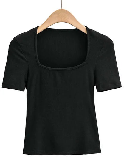 Novedad 2025: Top de verano para niñas, fino, sexy, liso, ajustado, de corte bajo, con cuello cuadrado y manga corta.