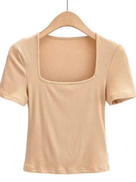 Novedad 2025: Top de verano para niñas, fino, sexy, liso, ajustado, de corte bajo, con cuello cuadrado y manga corta.