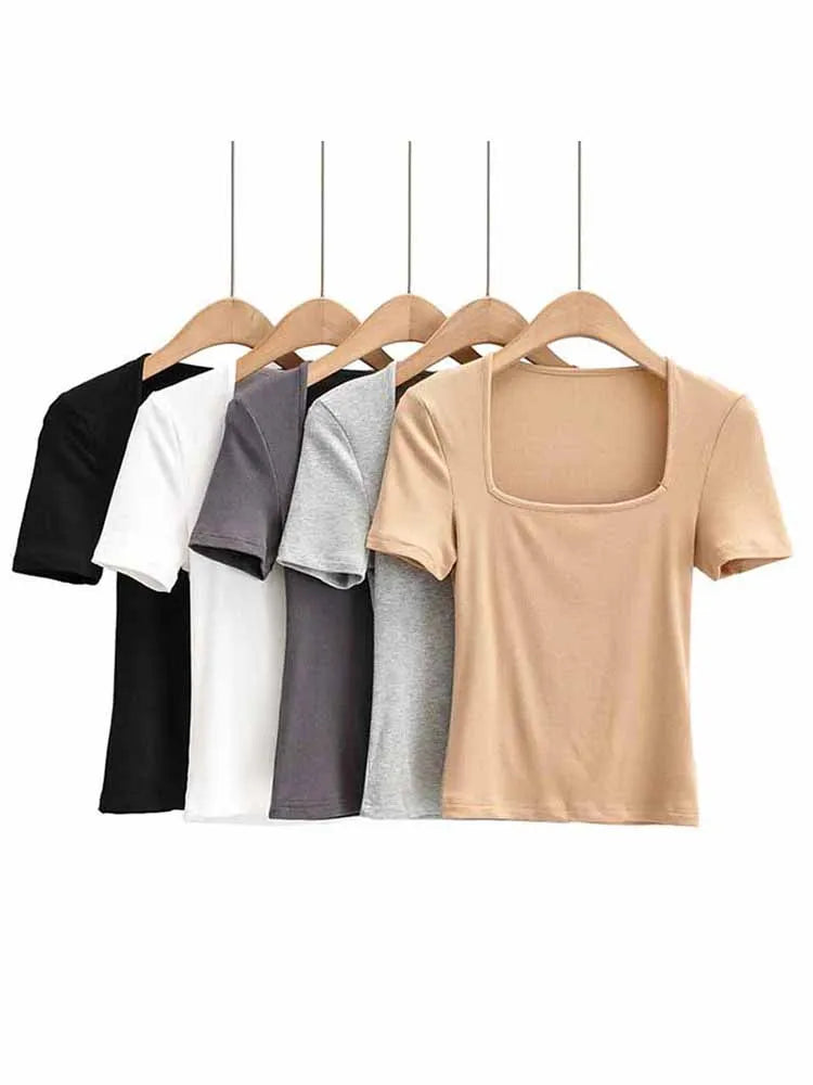 Novedad 2025: Top de verano para niñas, fino, sexy, liso, ajustado, de corte bajo, con cuello cuadrado y manga corta.