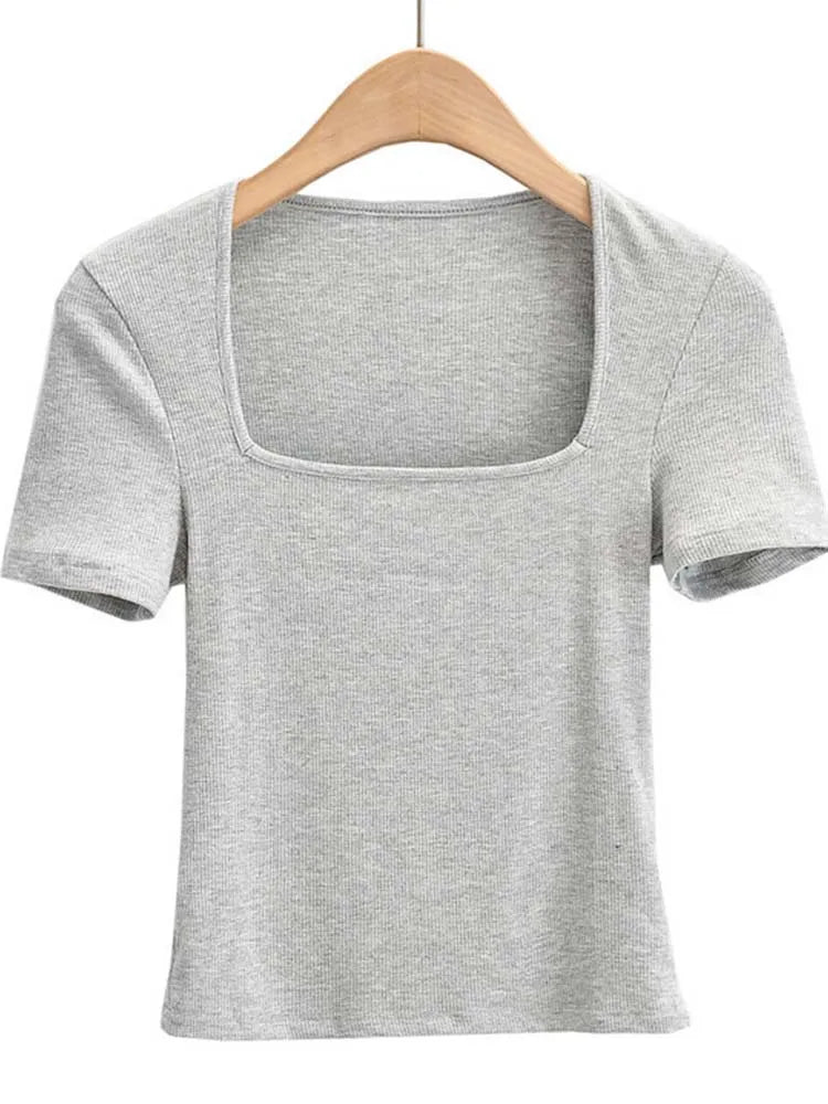 Novedad 2025: Top de verano para niñas, fino, sexy, liso, ajustado, de corte bajo, con cuello cuadrado y manga corta.