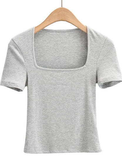 Novedad 2025: Top de verano para niñas, fino, sexy, liso, ajustado, de corte bajo, con cuello cuadrado y manga corta.