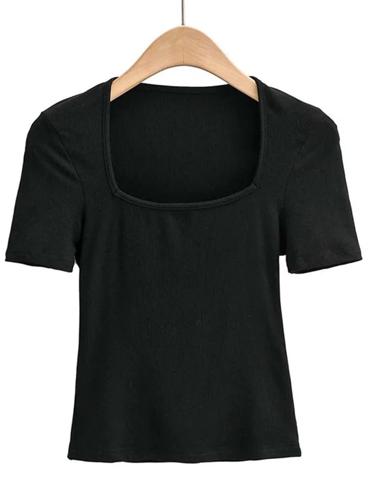 Novedad 2025: Top de verano para niñas, fino, sexy, liso, ajustado, de corte bajo, con cuello cuadrado y manga corta.