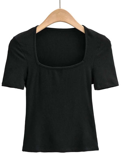 Novedad 2025: Top de verano para niñas, fino, sexy, liso, ajustado, de corte bajo, con cuello cuadrado y manga corta.