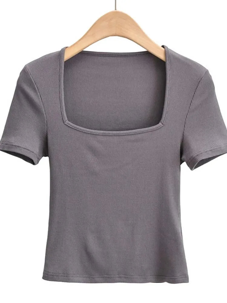 Novedad 2025: Top de verano para niñas, fino, sexy, liso, ajustado, de corte bajo, con cuello cuadrado y manga corta.