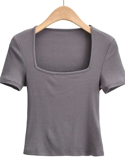 Novedad 2025: Top de verano para niñas, fino, sexy, liso, ajustado, de corte bajo, con cuello cuadrado y manga corta.