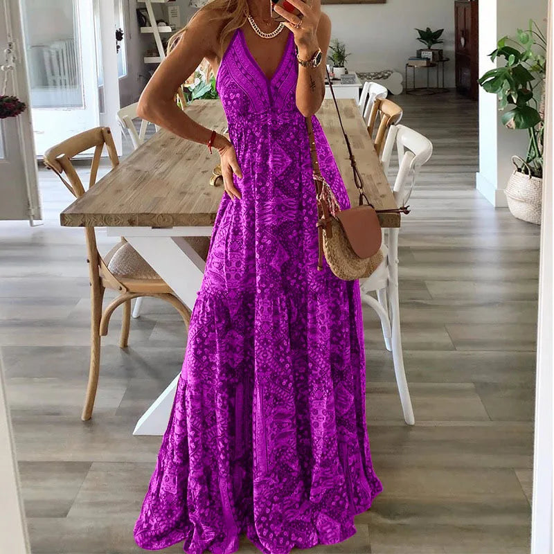 2025 Spaghetti Strap Dresses For Women Vintage Printed Bohemian Style Beach Dress Fashion Sexy V-neck Lady Maxi A-line Vestidos