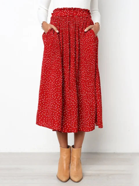 2025 Summer Autumn Casual Chiffon Print Pockets High Waist Pleated Maxi Skirt Womens Long Skirts For Women