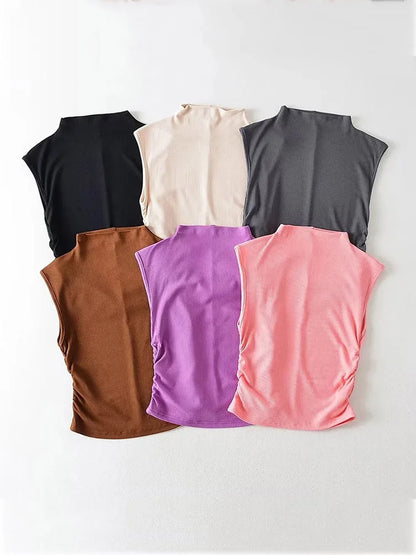 2025 Summer Black Turtleneck Crop Tank Top Pink Purple Solid Sleeveless Women Tee Tshirt Rave Outfits E Girl Colorful