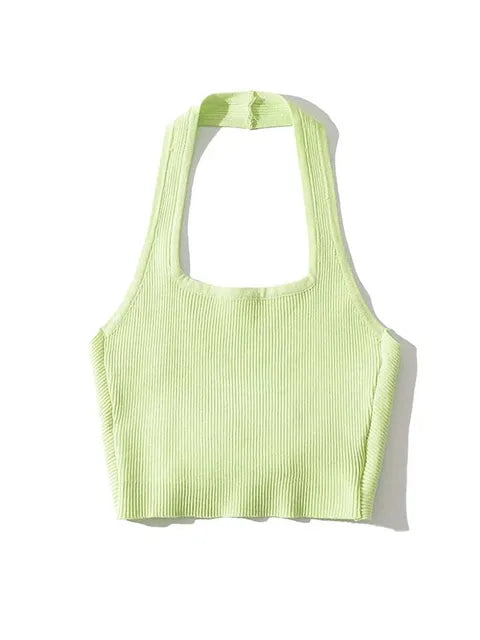 Tops de tubo sexis de moda de verano 2025 para mujer, cuello halter, sin mangas, espalda lisa, chaleco de punto con pliegues