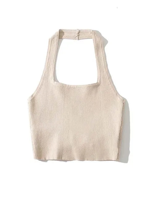 Tops de tubo sexis de moda de verano 2025 para mujer, cuello halter, sin mangas, espalda lisa, chaleco de punto con pliegues