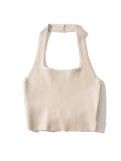 Tops de tubo sexis de moda de verano 2025 para mujer, cuello halter, sin mangas, espalda lisa, chaleco de punto con pliegues