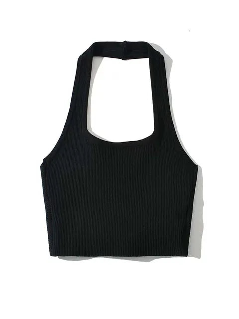 Tops de tubo sexis de moda de verano 2025 para mujer, cuello halter, sin mangas, espalda lisa, chaleco de punto con pliegues