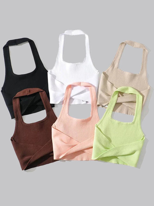 2025 Summer Fashion Sexy Women’s Crop Tube Tops Halter Neck Sleeveless Solid Back Kink Knitted Vest