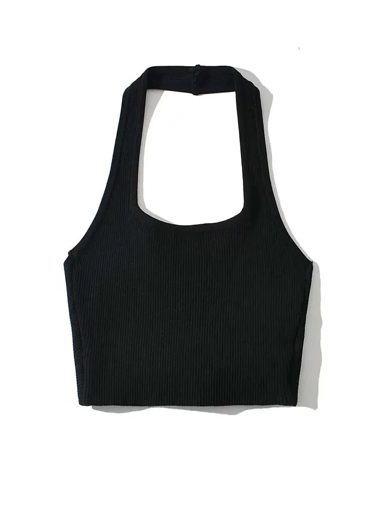 Tops de tubo sexis de moda de verano 2025 para mujer, cuello halter, sin mangas, espalda lisa, chaleco de punto con pliegues