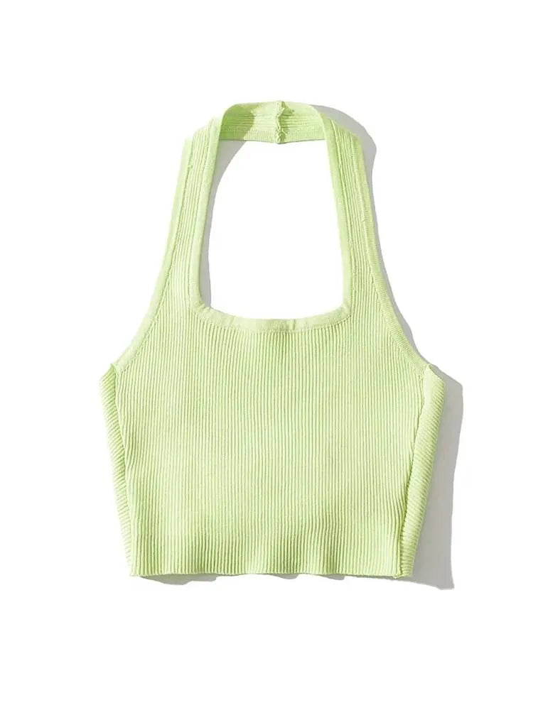 Tops de tubo sexis de moda de verano 2025 para mujer, cuello halter, sin mangas, espalda lisa, chaleco de punto con pliegues