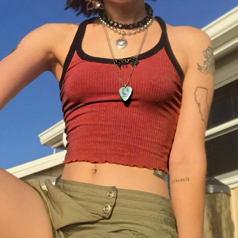 2025 Summer New Fashion Contrast Color Tank Top Women Casual Fitness Clothing Off Shoulder Strapless Crop Top Camisole