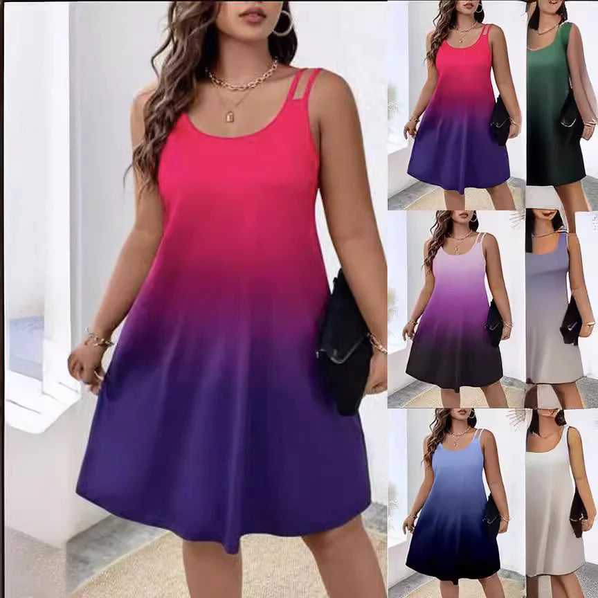 2025 Summer New Gradient Print Midi Dresses Women Fashion Casual Beach Vacation Loose Camisole Dress Female Streetwear Vestidos