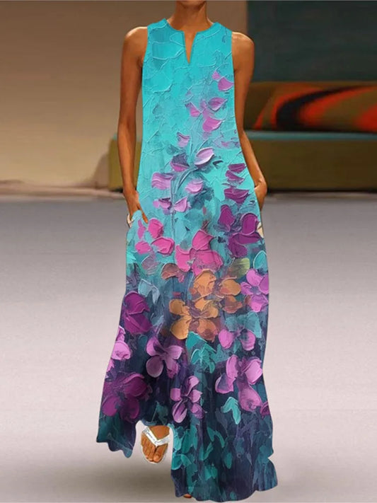 2025 Summer New Vintage Flower Printed Long Dresses Women Fashion V-neck Loose Sleeveless Dress Casual Commuting Vestidos Female