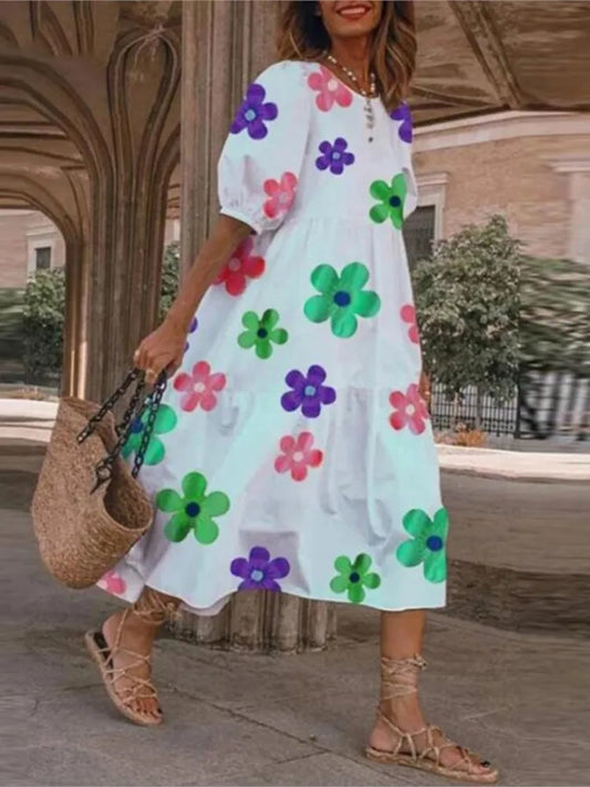 2025 Summer New Women’s Print Dress Puff Short Sleeves Ruffles Loose A-line Midi Dresses Fashion Casual Beach Vacation Vestidos
