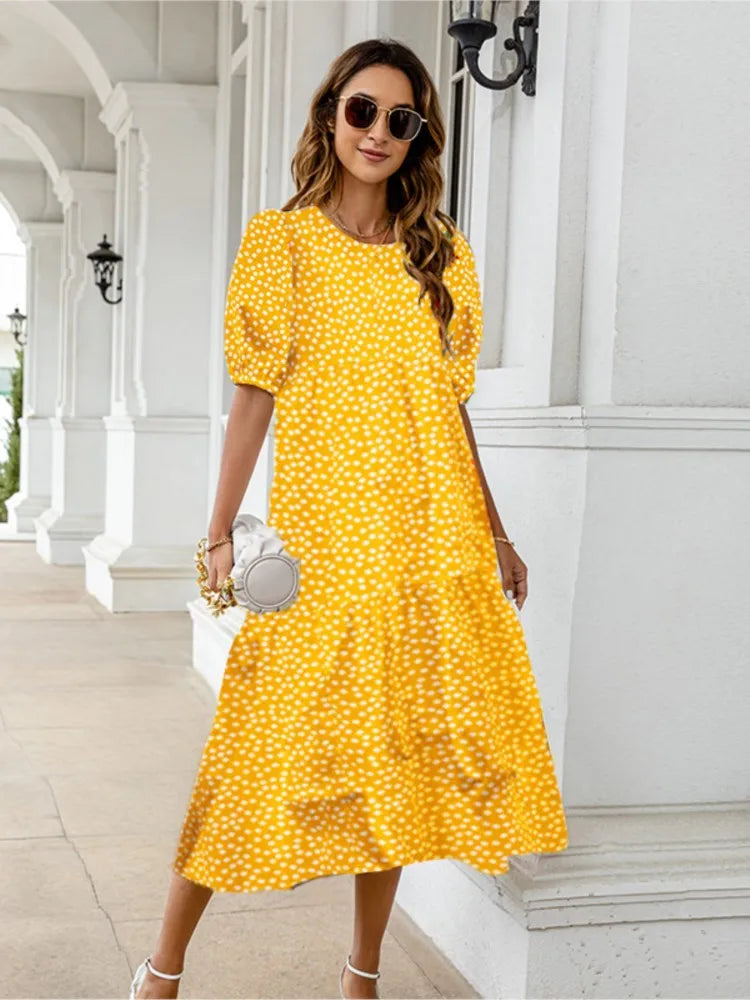 Vestido estampado de verano 2025 para mujer, manga corta abullonada, volantes, holgado, corte A, midi, informal, para playa y vacaciones