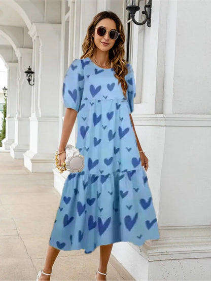 Vestido estampado de verano 2025 para mujer, manga corta abullonada, volantes, holgado, corte A, midi, informal, para playa y vacaciones