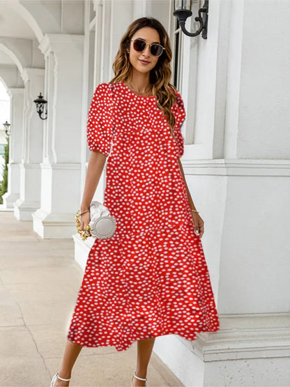 Vestido estampado de verano 2025 para mujer, manga corta abullonada, volantes, holgado, corte A, midi, informal, para playa y vacaciones