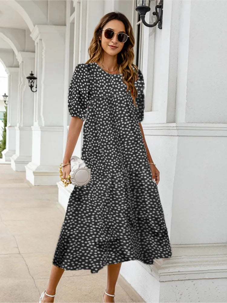 Vestido estampado de verano 2025 para mujer, manga corta abullonada, volantes, holgado, corte A, midi, informal, para playa y vacaciones