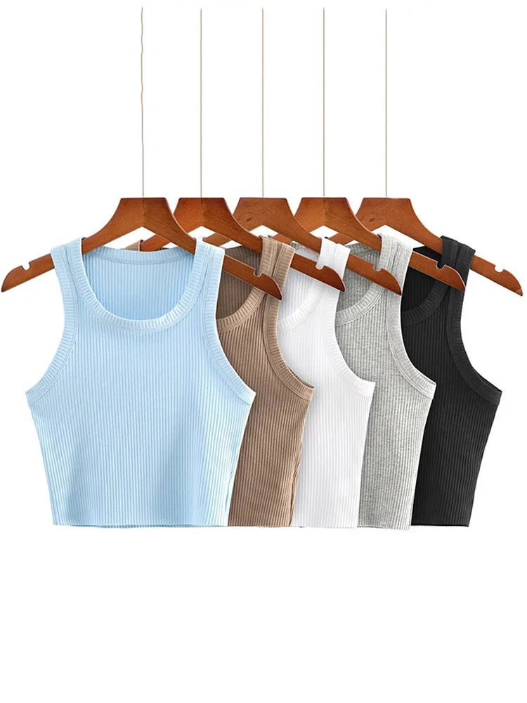 2025 Summer Teen Girls Cropped Tops Elastic Sexy Knit Tanks Sleeveless Short Vest