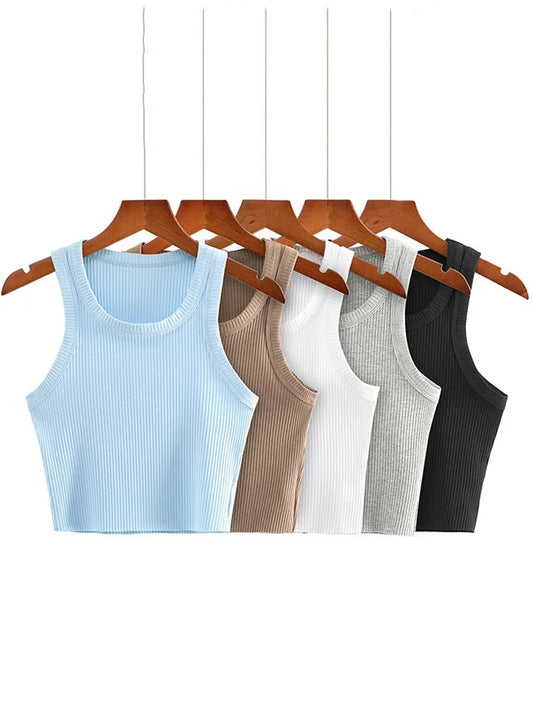 2025 Summer Teen Girls Cropped Tops Elastic Sexy Knit Tanks Sleeveless Short Vest