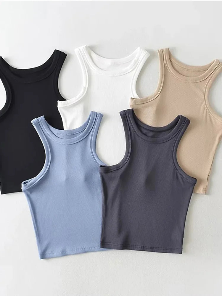 Camisetas sin mangas cortas de punto liso para mujer de verano 2025, camisetas cortas elásticas