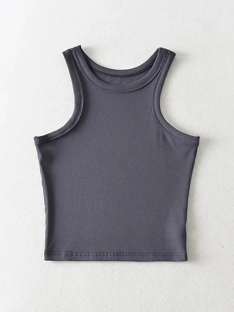 Camisetas sin mangas cortas de punto liso para mujer de verano 2025, camisetas cortas elásticas
